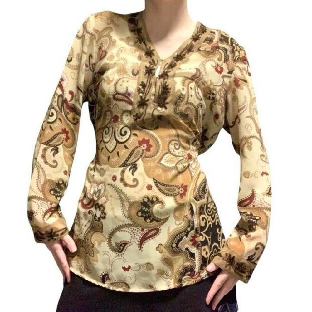 Y2k boho sheer paisley beaded long sleeve top